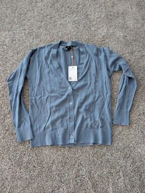 Quince Lightweight Cotton Cashmere Cardigan V-neck Button Front Small Blue
